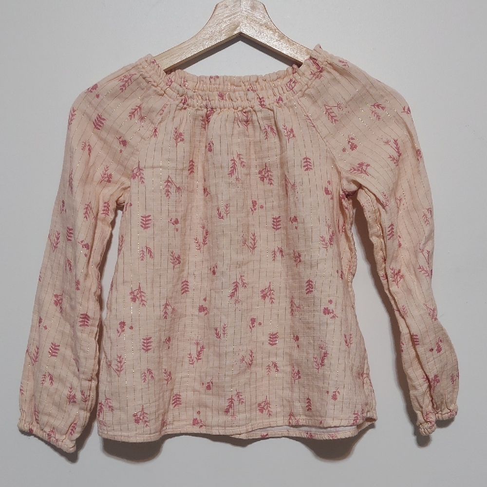 Cat & Jack Girls Blush Pink Floral Gold Metallic Striped Peasant Top Size 8